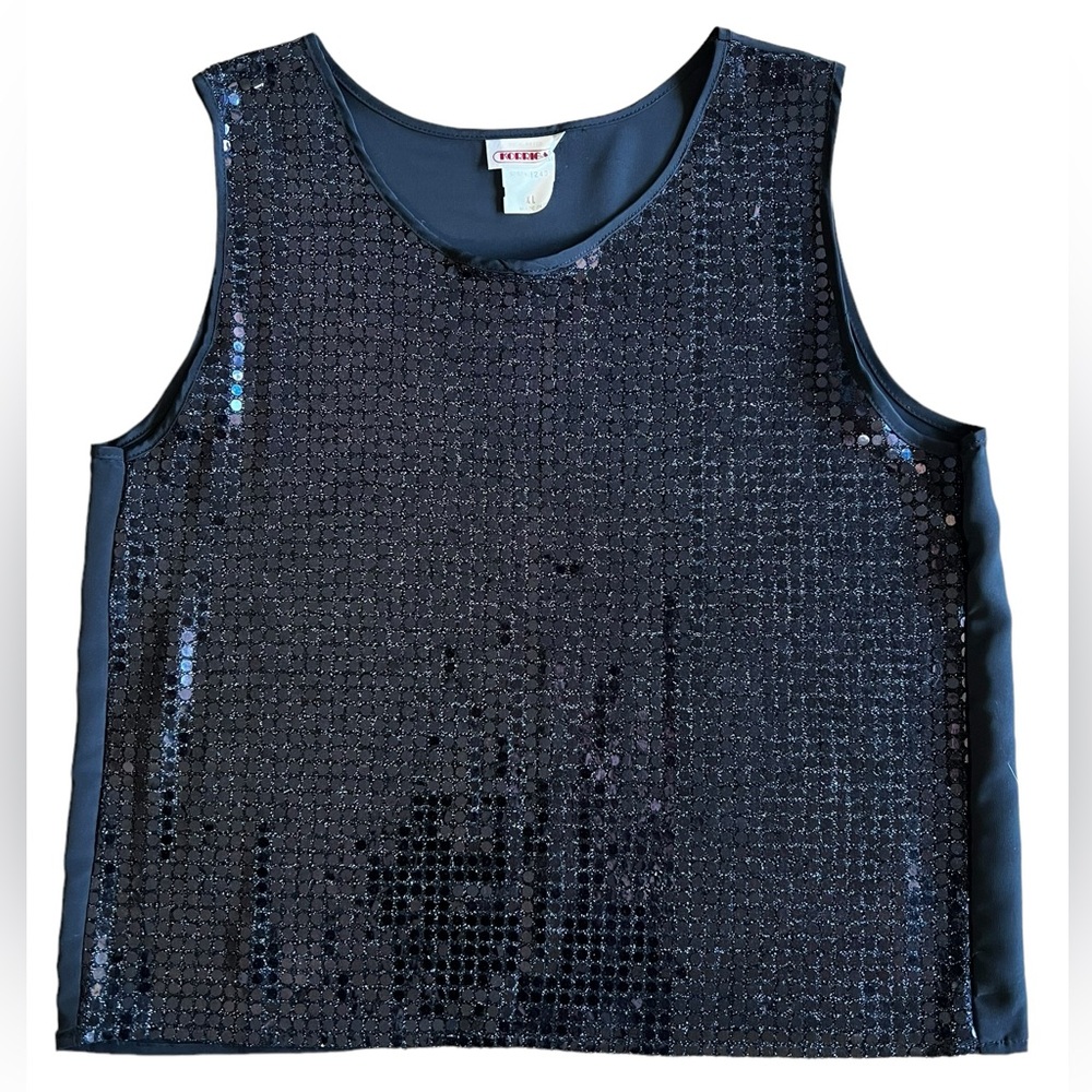 VTG KORRIGAN Sparkly Shiny Sleeveless Black Party Blouse Top Size XL Made in USA